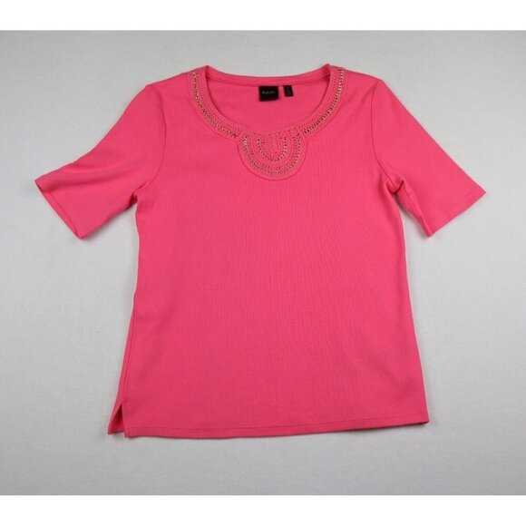 WOMEN'S PINK SHORT SLEEVE SHIRT - RAFAELLA - CHAIN NECK - KNIT - SIZE M - Picture 2 of 7